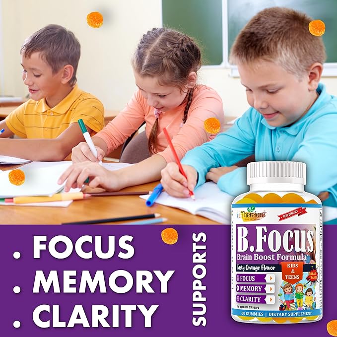 Therefore Kids Brain Booster Supplement Omega 3 for Kids & Teens, Focus Gummies Support Mental Clarity, Attention Concentration, Brain Supplements for Memory and Focus, Fruity Flavor 60 Gummy