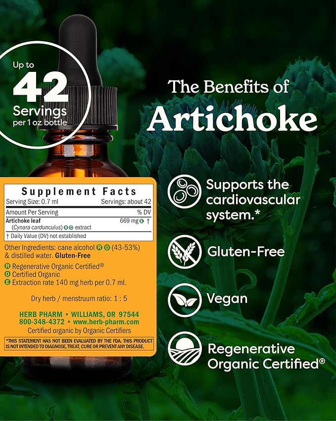 Herb Pharm Certified Organic Artichoke Liquid Extract for Cardiovascular and Circulatory Support - 1 Ounce