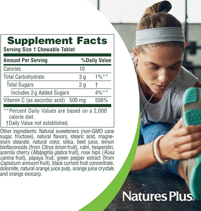 Natures Plus Orange Juice Chewable Vitamin C - 500 mg, 90 Tablets - High Potency Immune & Vascular Health Support Supplement, Antioxidant - Gentle On Stomach - Vegetarian, Gluten-Free - 90 Servings