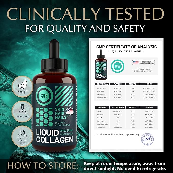 WILD FUEL Liquid Collagen Peptides with Biotin Vitamins for Hair Skin and Nails - 10,000mcg Liquid Collagen for Women and Men 5,000mcg Biotin - Lemon Flavor, 2-Month - 2 oz