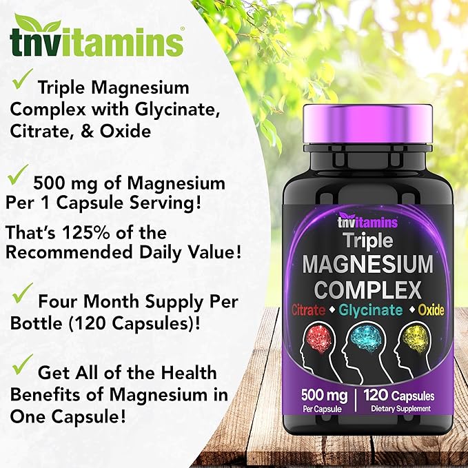 Triple Magnesium Complex Supplement 500mg: Magnesium Glycinate, Citrate, & Oxide - 120 Capsules (4 Month Supply!) | 1 Capsule Serving Provides 125% Daily Value | Non-GMO, Made in The USA!