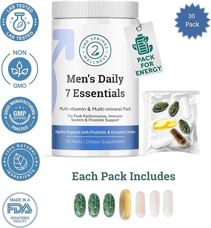 Daily 7 Essentials Men's Vitamin Pack - 7 Pack Adult Male Multivitamin & Multimineral Pack for Energy, Metabolism, Immune System Support, Prostate Support with Probiotic, Digestive Enzymes