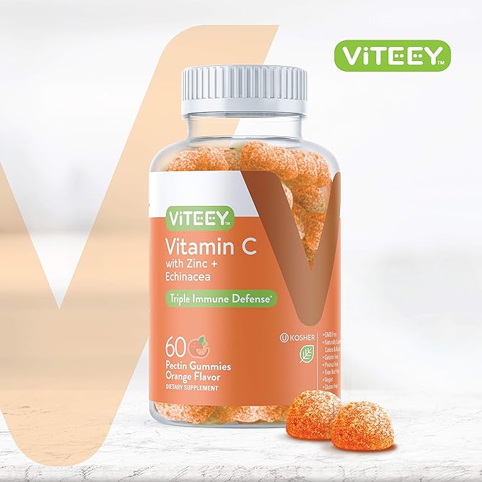 Vitamin C Gummies for Adults & Teens with Zinc & Echinacea - Immune Support Gummies - Vegan, Gelatin Free, Gluten Free, GMO Free - Tasty Vitamin C Chewable Orange Flavored Gummy