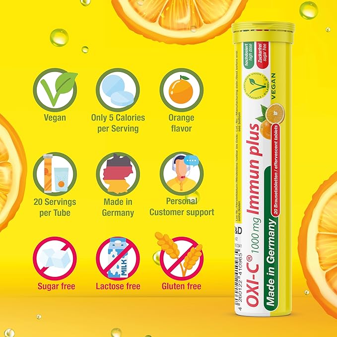 T&D Oxi C 1000 mg Vitamin C - 60 Vegan Drink Effervescent Tablets - Orange Flavor - Made in Germany