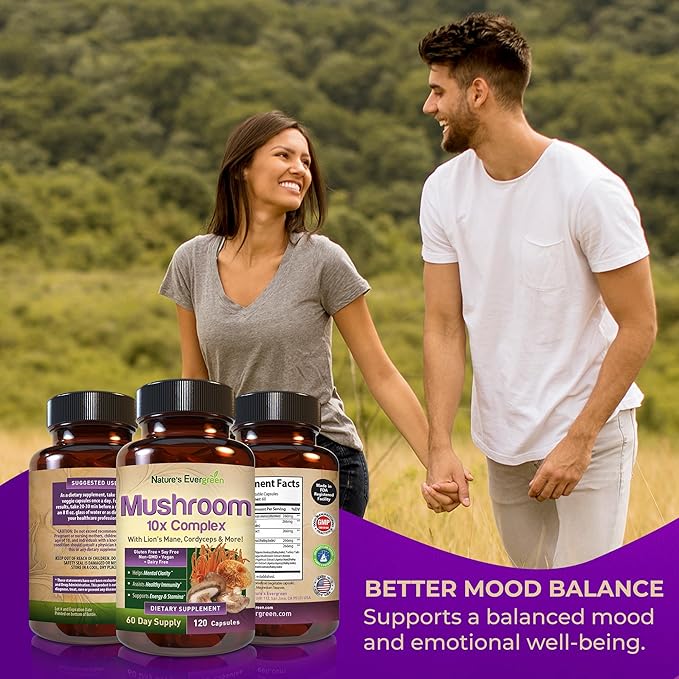 10-in-1 Mushroom 10x Complex Supplement | Lions Mane, Reishi and Cordyceps & More | Nootropic for Brain Health, Memory & Focus | Immunity & Energy - (120 Capsules - 60 Day Supply)