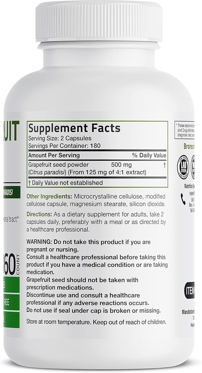 Bronson Grapefruit Seed Extract 500 MG per Serving Citrus Paradisi Supports Immune Health & Helps Maintain a Healthy Gastrointestinal Tract - Non-GMO, 360 Vegetarian Capsules