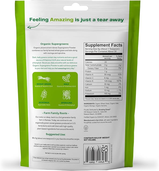 Amazing Grass Super Greens Booster: Greens Powder Smoothie Mix with Spirulina, Moringa, Wheat Grass & Kale Smoothie Booster, Chlorophyll Providing Greens, 30 Servings