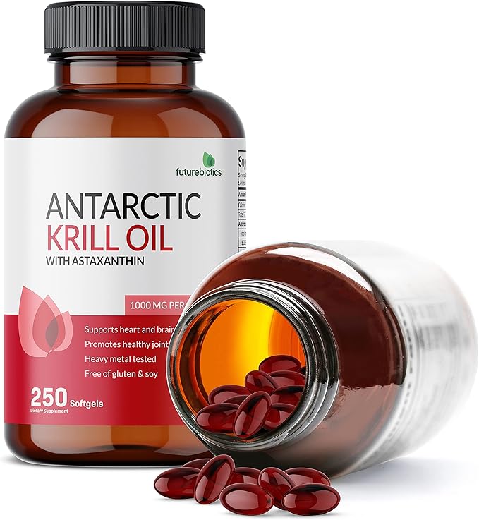 Futurebiotics Antarctic Krill Oil 1000mg with Omega-3s EPA, DHA, Astaxanthin and Phospholipids - 100% Pure Premium Krill Oil Heavy Metal Tested, Non GMO – 250 Softgels (125 Servings)