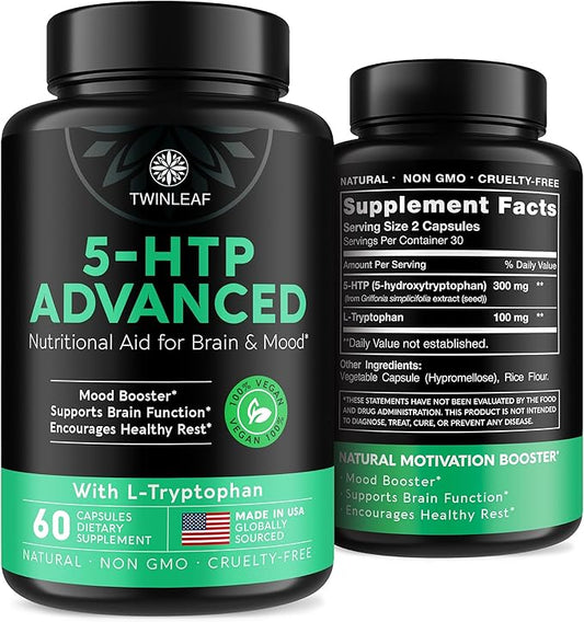 TWINLEAF 5 HTP Supplement for Mood Support - Made in USA - Natural 5-HTP & L-tryptophan Capsules - 5-HTP Booster for Men & Women - Proprietary Formula for Mood and Relaxation - 60 Vegan Capsules
