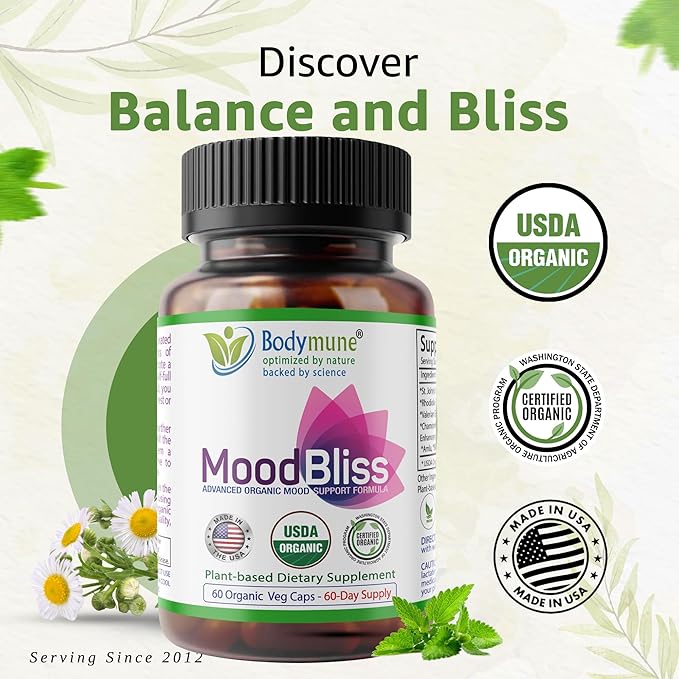 MoodBliss Mood Support Supplement, USA-Made USDA Organic Plant-Based Superfood for Stress Relief, Calm Mind & Body w/St John’s Wort Rhodiola Ashwagandha Valerian Medicinal Oils & More 60 ct