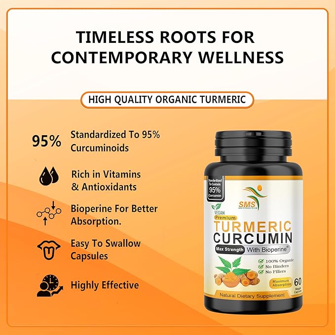 Turmeric Curcumin Supplement 1,000mg – 95% Curcuminoids with BioPerine® Black Pepper for Absorption – Vegan, Non-GMO, Made in USA – 60 Capsules