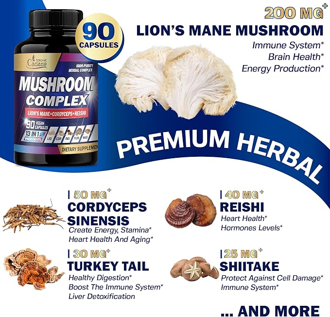 Organic Cadane Mushroom Complex Supplements - Brain Health, Immune System, Memory & Energy Production - 13in1 with Lions Mane Mushroom, Bacopa, Reishi & More - 90 Vegan Capsules