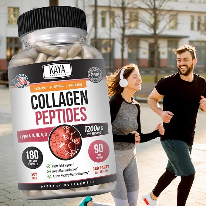 Kaya Naturals Multi Collagen Peptides Complex Powder for Women and Men, Types I, II, III, V & X | 180 Count Capsules