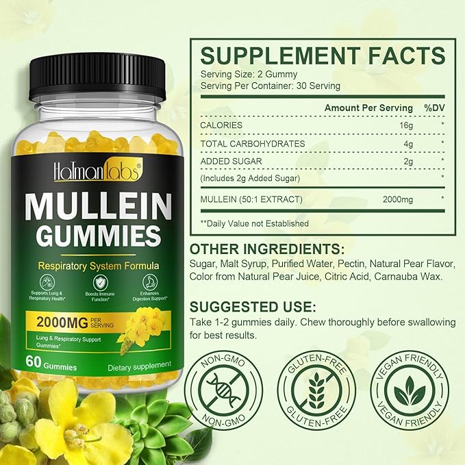 120 Count Mullein Gummies for Lungs, 2000 MG(50:1 Extract) Mullein Leaf Extract for Lung Cleanse and Respiratory Support, Natural Mullein Herbal Supplement, Pear Flavor Gummies