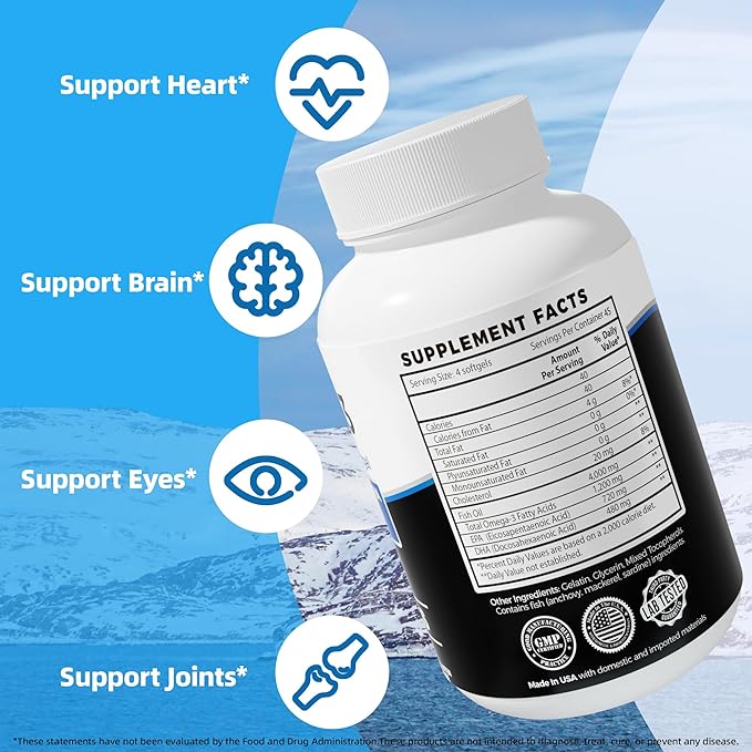 Fish Oil Omega 3 (4000mg), 180 Softgels,Omega 3 Fatty Acid Supplements with EPA & DHA for Brain & Heart Health*