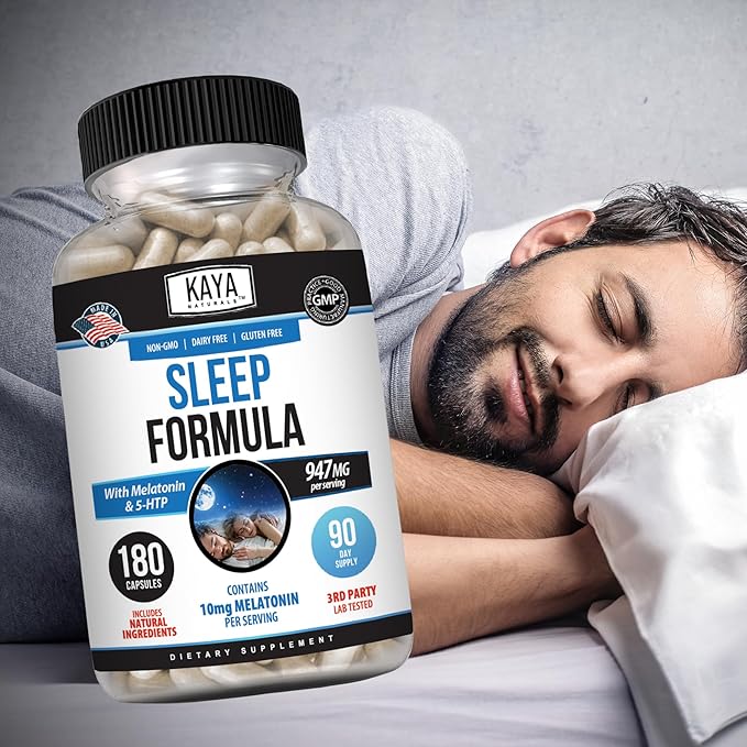 Kaya Naturals - Sleep Support Formula with Melatonin - Aid Support Vitamin Supplement - Sleep Stress and Mood Support - L-Tryptophan, Passion Flower, Ashwagandha and More - 180 Capsules (180 Count)