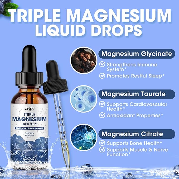 Magnesium Glycinate Liquid Drops with Taurate & Citrate, Magnesium Supplement for Sleep, Calm & Relaxation, with Potassium & Omega-3, High Absorption Formula, Blueberry Flavor, 2 Fl Oz