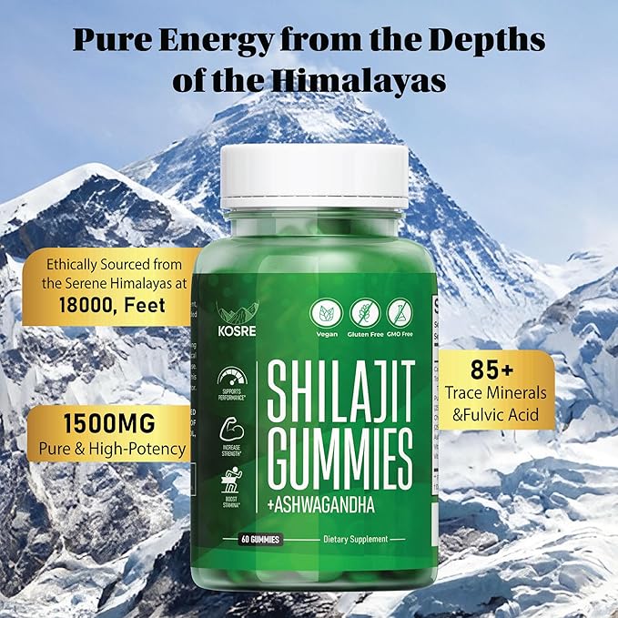 Premium Shilajit Gummies 2000MG – Pure Himalayan Shilajit with Ashwagandha, Chaga Mushroom, Vitamin D & B12 Natural Energy, Immune Support, 85+ Trace Minerals – Vegan, Non-GMO, 60 Gummies