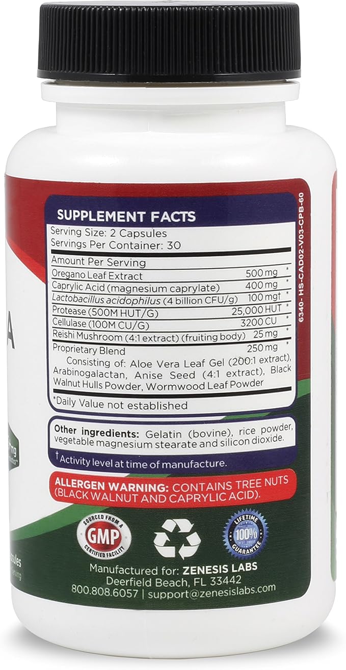 Zenesis Labs Candida Complex Cleanse Detox Caprylic Acid Supplement, Oregano Extract, Probiotics, Enzymes (60 Capsules, 30 Day Supply)