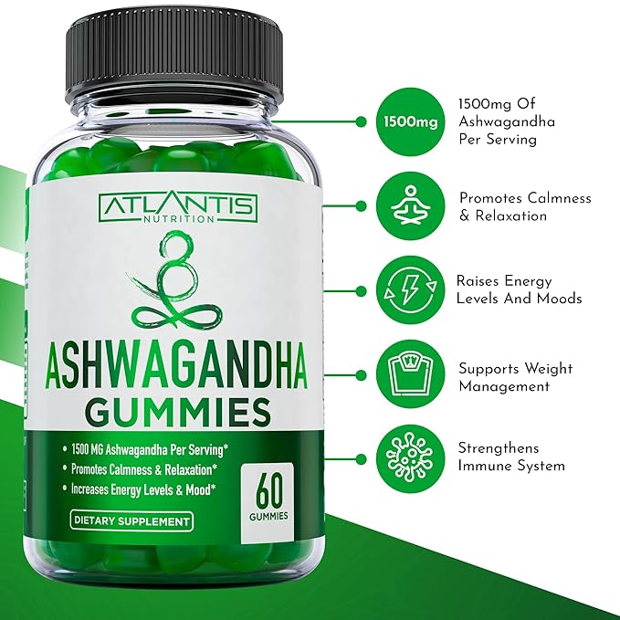 Atlantis Nutrition Ashwagandha Gummies - 1500 MG Per Serving - Promotes Calmness, Improves Mood, Boosts Energy Levels & Strengthens Immune System - Formulated with Vitamin D & Zinc - Vegan | 60 Count