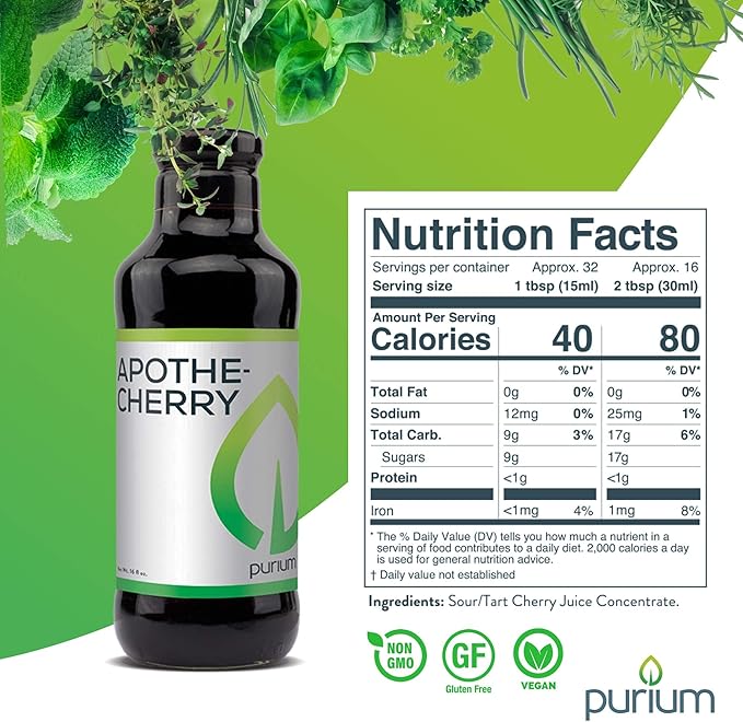 Purium Apothe Cherry - 16 oz - Tart Cherry Supplement, Contains Natural Melatonin, Supports Restful Sleep, Healthy Joint Function & Uric Acid Metabolism - 32 Servings