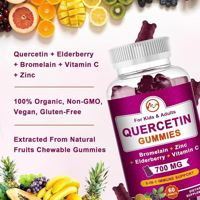 (2 Pack) Quercetin Gummies with Bromelain, Elderberry, Zinc and Vitamin C - Chewable Quercetin 700mg Supplement for Immunity, Allergy, Aging Support - Vegan Gummies for Adult & Kid