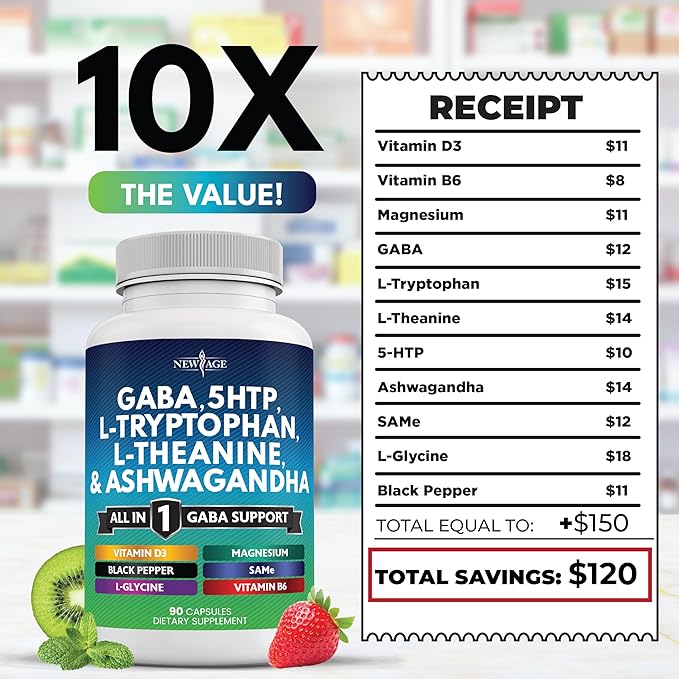 NEW AGE GABA 750mg 5 HTP 200mg L Tryptophan 500mg L Theanine 200mg Ashwagandha SAM-e L-Glycine - Vitamins for Women and Men with L-Tyrosine 5-HTP (5-Hydroxytryptophan) - 180 Count
