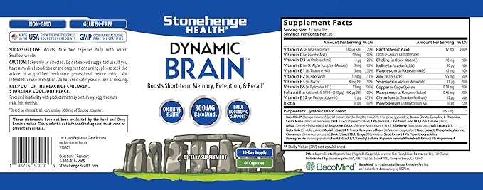 Stonehenge Health Dynamic Brain Supplement – New Formula with BacoMind for Memory Acquisition, Retention, & Recall with 40 Unique Nootropic: Choline, Phosphatidylserine, and Huperzine A