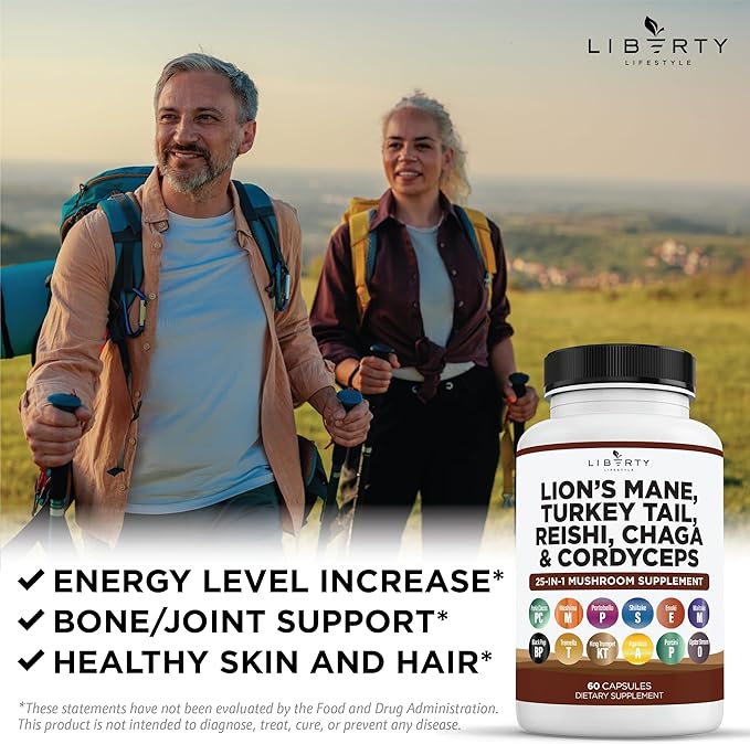 Lions Mane Mushroom Supplement with Turkey Tail Reishi Cordyceps Chaga with Marshmallow Root - 1-Pack