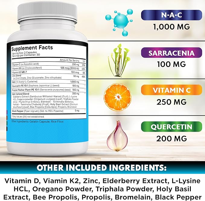 NEW AGE NAC Supplement N-Acetyl Cysteine- with Vitamin D3, K2, Zinc, Quercetin, Triphala, Sarracenia Purpurea, Elderberry, Holy Basil, Bee Propolis, Bromelain, L-Lysine - 180 Count