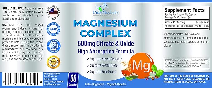 High Absorption Magnesium Citrate Complex 500mg Magnesium Citrate & Oxide – Supports Calm Sleep, Muscle Cramp Relief, Muscle Recovery, Healthy Teeth & Bones, Non-GMO – 60 Vegetable Capsules