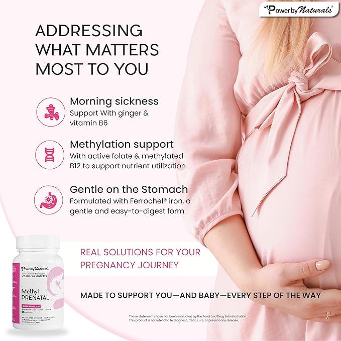 Power By Naturals Prenatal Probiotic Blend Vitamins w/Methylfolate, B12, Iron, Ginger & 27+ Essential Nutrients for Healthy Pregnancy, Prenatal Probiotics for Women, Pregnancy Probiotic, 60 Capsules