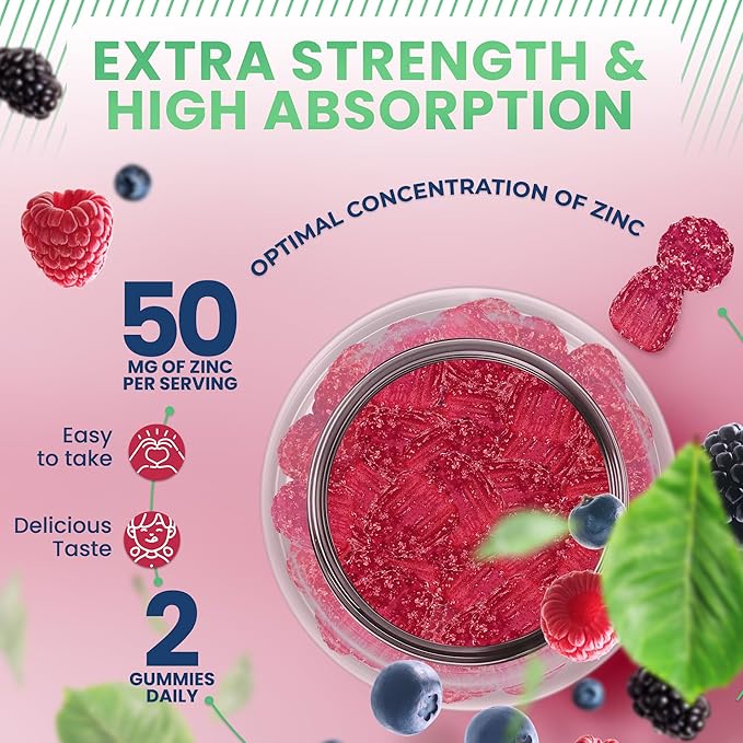 Zinc Gummies 50mg - High Potency Immune Support, Skin Health, Antioxidant, Daily Zinc Supplement for Adults, Vegan, Gluten-Free, Non-GMO, Chewable Zinc Citrate Gummies, 60 Gummies