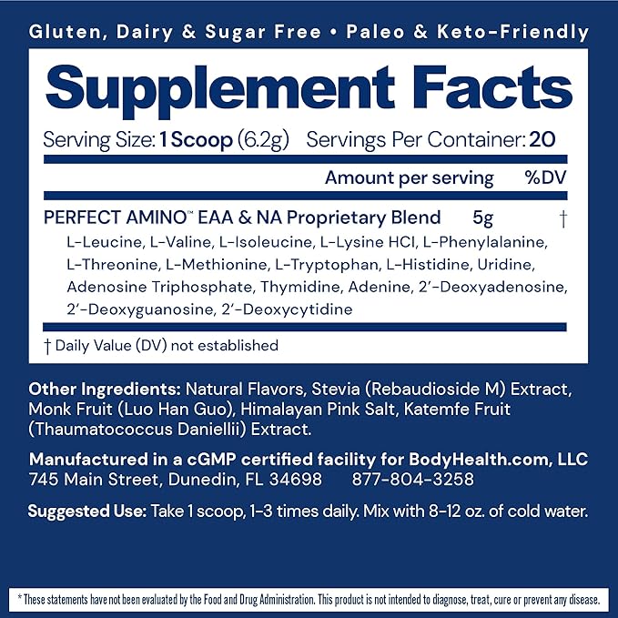 BodyHealth PerfectAmino Powder - BCAA and EAA Powder for Pre and Post Workout - Amino Acid Energy Drink for Men and Women to Support Lean Muscle and Recovery - Vanilla - 20 Servings