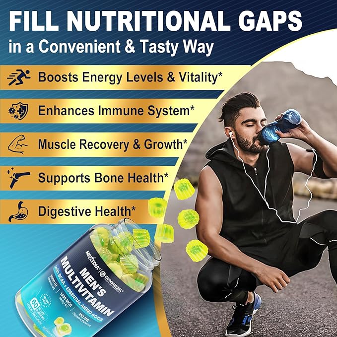 Methylated Multivitamin for Men Gummies, BCAA Amino Acids, Zinc, Vitamin A C D3 E K2 B6 B12 Biotin Calcium, Magnesium, Lycopene, Digestive Enzymes - Energy Muscle Immunity - Sugar Free, Vegan, 60 Cts