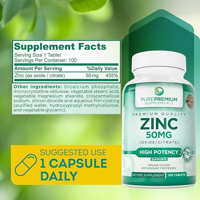 PurePremium Natural Zinc 50mg Supplements for Men & Women - High Potency Vitamin Zinc Citrate/Oxide for Adults, Immune Antioxidant, Energy Support - 100 Tablets