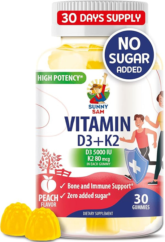 SUNNY SAM Sugar-Free Vitamin D3 K2 Gummies 5000 IU - Immune & Bone Support Gummies - Vitamin D Gummy Supplement for Adults - High-Absorption, Vegan, Halal, Gluten-Free Chewable Vitamins