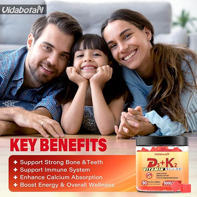Sugar Free Vitamin D3 K2 Gummies, Vitamin D3 5000IU & Vitamin K2(MK7) 120mcg with Calcium, Magnesium and Zinc for Bone, Teeth, Muscle, Natural Peach Flavor, Vegan, 90 chewable Gummies
