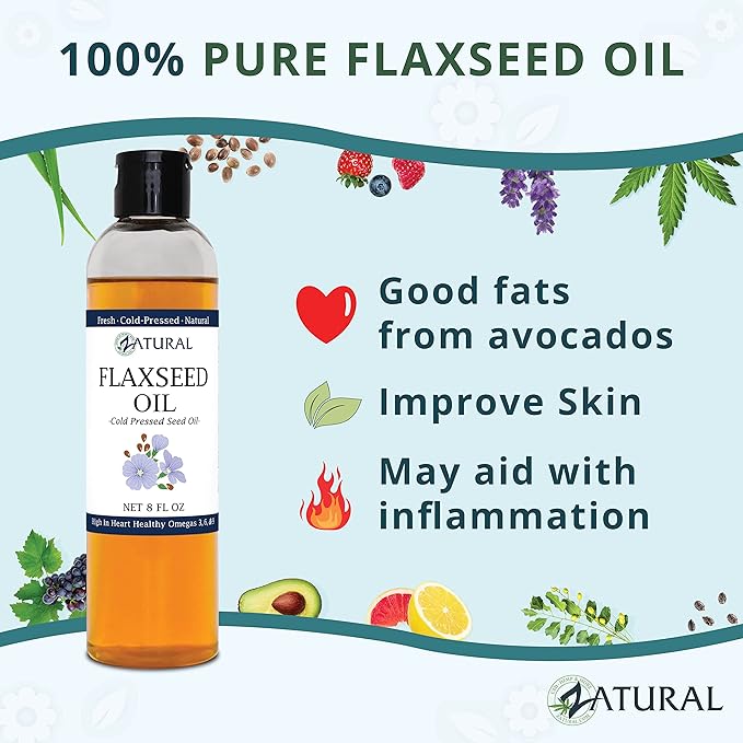 Zatural Flaxseed Oil Organically Grown 100% Pure Flax Seeds Cold Pressed Vegan Omega Fatty Acids (8oz)