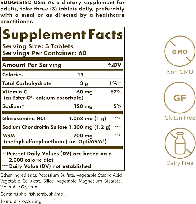Solgar Extra Strength Glucosamine Chondroitin MSM w/ Ester-C, 180 Tablets - Promotes Healthy Joints, Supports Comfortable Movement & Collagen Formation - Non-GMO, Gluten No, Dairy No - 60 Servings