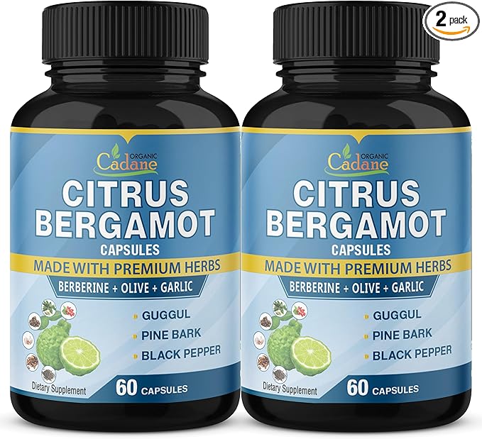 Organic Cadane 2 Packs Citrus Bergamot Extract Capsules with Berberine, Olive, Guggul, Garlic, Pine Bark, Black Pepper | 4 Months Supply
