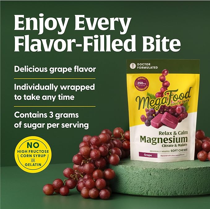 MegaFood Relax + Calm Magnesium Supplement - Soft Chews with Magnesium Citrate & Malate for Heart Health, Muscle Tension & More - Vegetarian - Grape-Flavor - 60 Chews (30 Servings)