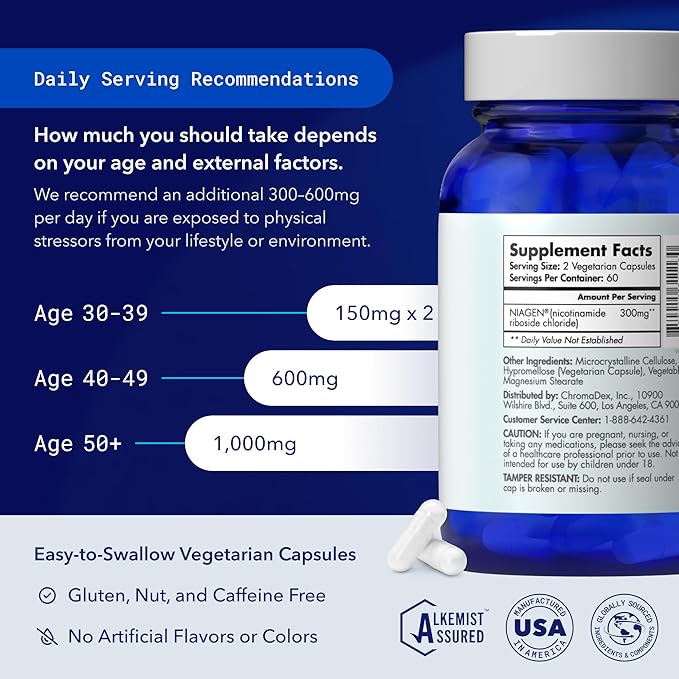 TRU NIAGEN - Patented Nicotinamide Riboside NAD+ Supplement. NR Supports Cellular Energy Metabolism & Repair, Vitality, Healthy Aging of Heart, Brain & Muscle - 60 Servings / 120 Capsules