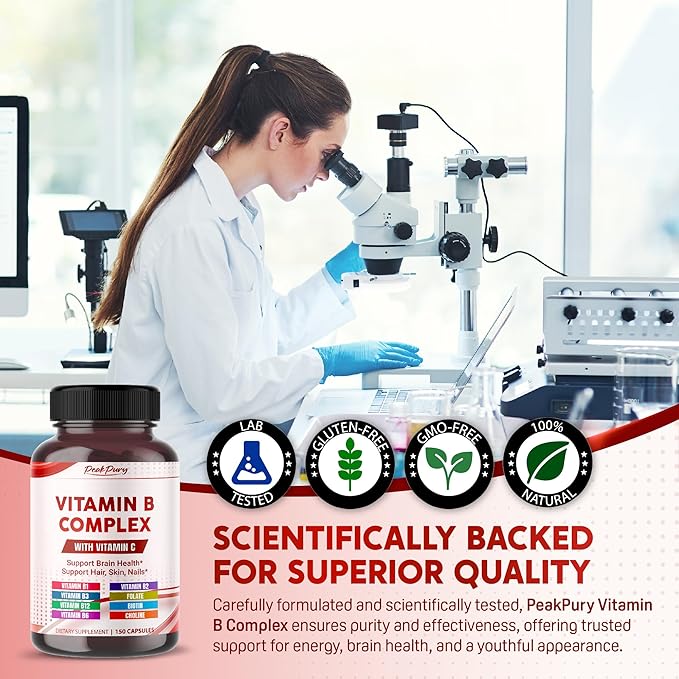 Ultra Vitamin B Complex with Vitamin C – Supports Brain Health & Promotes Healthy Hair, Skin, and Nails – High Potency B1, B2, B3, Folate, B12, Biotin, B5 & Choline - Made in The USA