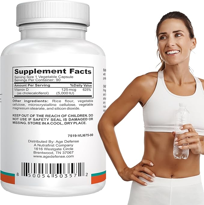 Vitamin D3 5000 IU - 90 Vegan Capsules, Optimize Bone Health, Immune Support, Mood & Muscle Strength - High Dose Vitamin D 5000 IU Deficiency Supplement for Men & Women
