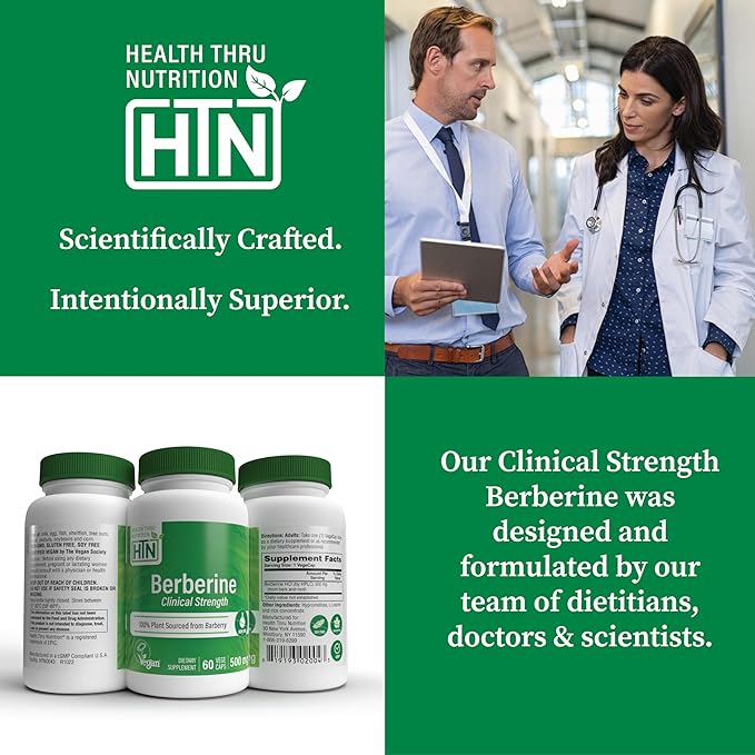 Health Thru Nutrition Berberine HCl 500mg 60 Servings | Clinical Strength Supplement | Certified Vegan | Non-GMO | Soy Free | 3rd Party Tested