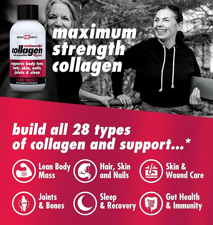 Health Direct – Medical-Grade Liquid Collagen Shots – AminoSculpt Sugar-Free – Tart Cherry – 12 Servings, (12pk, 2oz Shots) – Good for Joints, Bones, & Sleep – Better Hair, Skin & Nails
