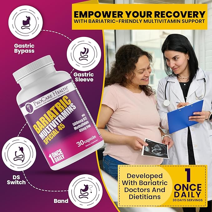 ProCare Health Bariatric Multivitamin with Iron (30 Capsule) 45mg Iron with Reduced B12 - Post-Op Bariatric Vitamins for Gastric Bypass Sleeve Patients, Sustains Recovery & Energy (1 Month Supply)