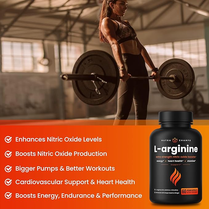 NutraChamps Premium L Arginine Supplement, 5-in-1 Nitric Oxide Supplement, L-Arginine Powder & L Citrulline Enhanced with Grape Seed & Ginger, Energy, Blood Flow, 60 Vegan Capsules
