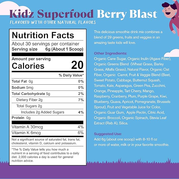 Amazing Grass Kidz Superfood: Organic Greens, Fruits, Veggies, Beet Root Powder & Probiotics for Healthy Kids, Berry Blast, 30 Servings